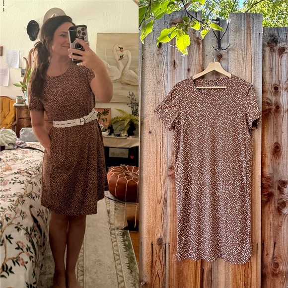 Brown and White Polka Dot A-line T Shirt Dress w/ Pockets 🌿 - Picture 1 of 10